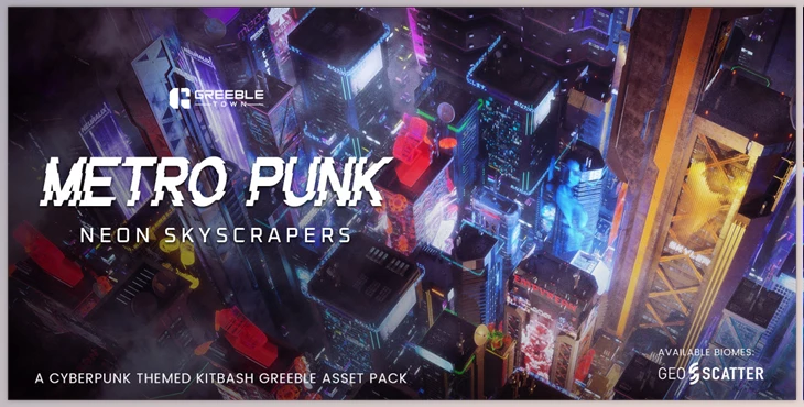 Blender - Download MetroPunk Neon Skyscrapers - Cyberpunk Kitbash Greeble Assets